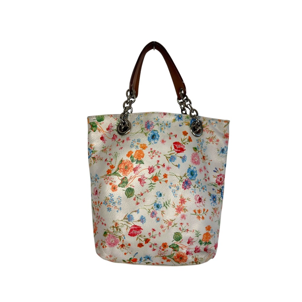 Maurizio Taiuti Floral Leather Tote Bag White Chain Strap Italian Luxury Cottage